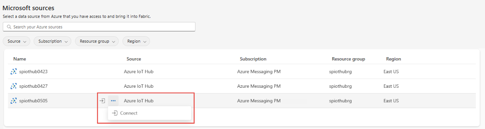 Capture d’écran montrant la page sources Microsoft avec des filtres pour afficher les IoT Hubs et le bouton de connexion d’un IoT Hub.