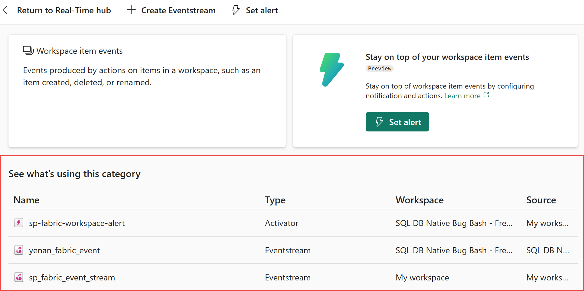 Capture d'écran montrant la section Voir ce qui utilise cette catégorie sur la page détaillée des événements de l'élément de l'espace de travail Fabric.