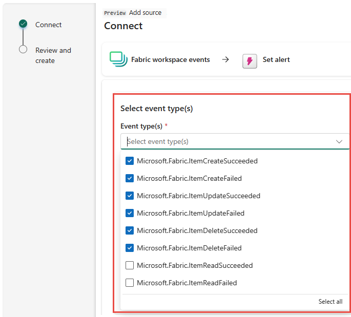 Capture d’écran montrant les types d’événements pour les événements d’élément d’espace de travail Fabric.