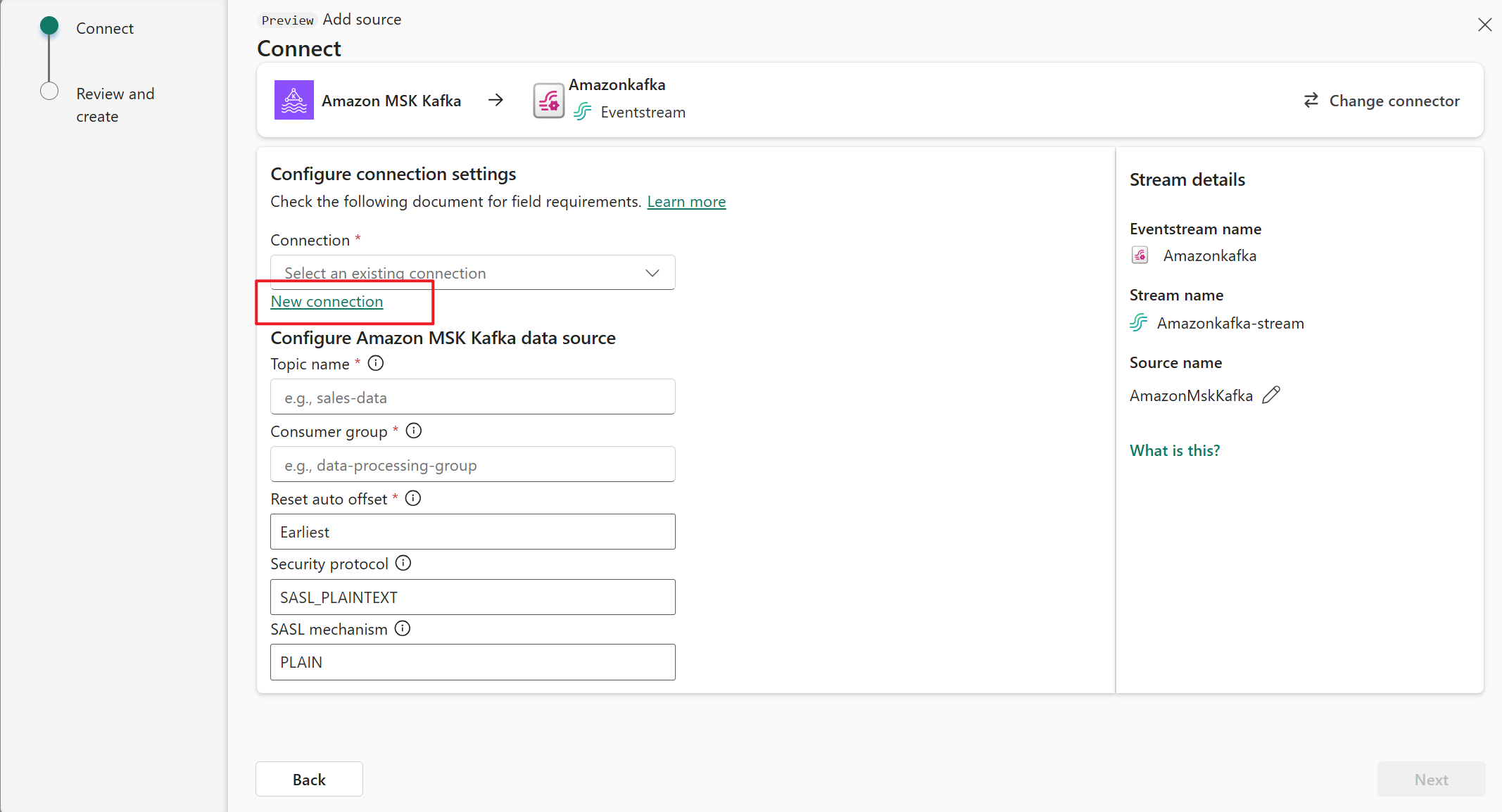 Capture d’écran montrant la sélection du lien Nouvelle connexion sur la page Connecter de l’Assistant Obtenir les événements.