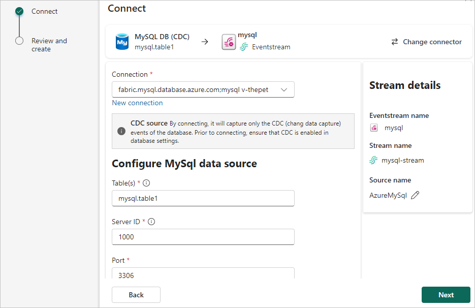 Capture d’écran de la sélection de tables, d’ID de serveur et de port pour la connexion de la dB d’Azure MySQL (CDC).