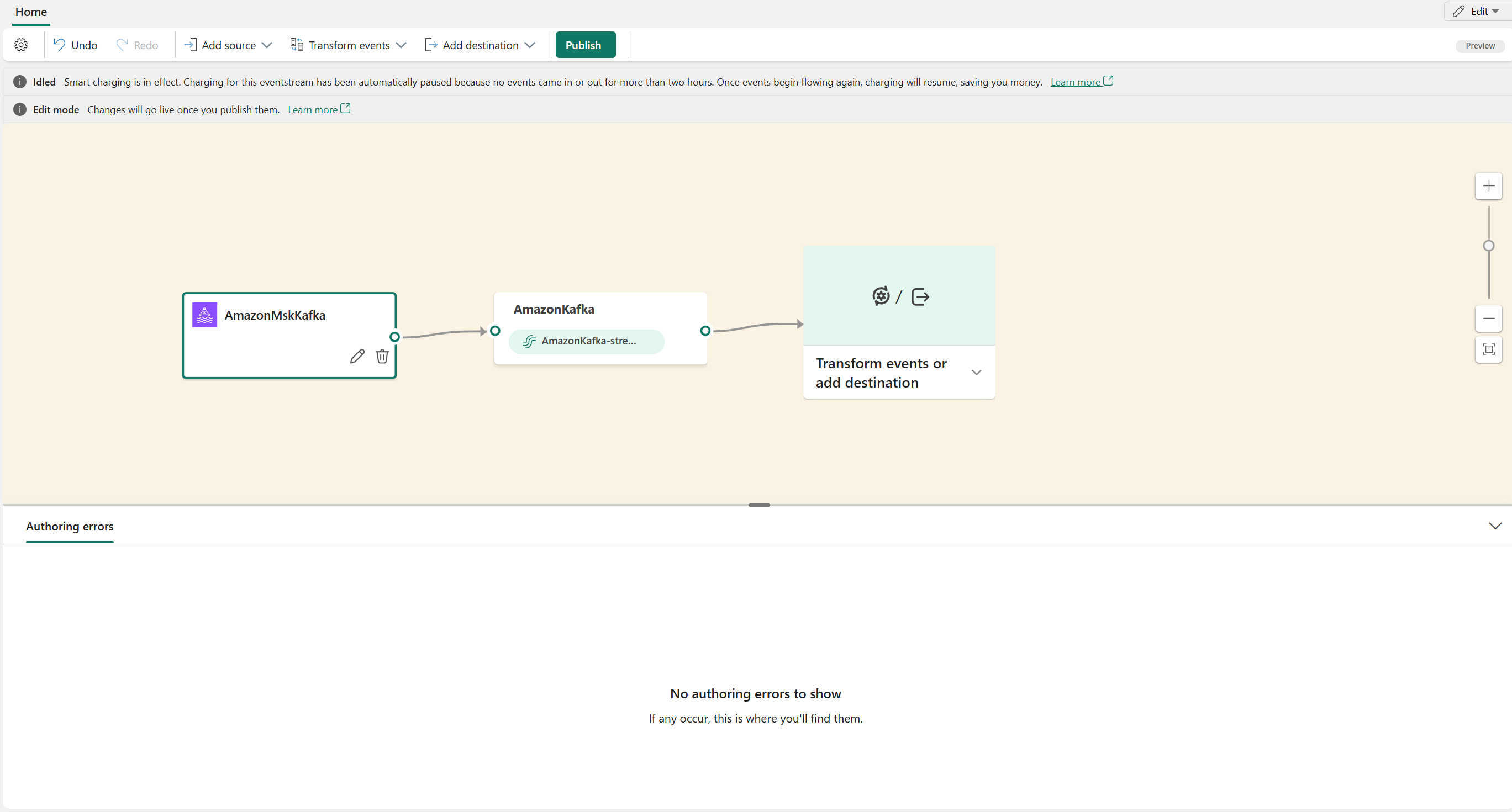 Capture d’écran montrant la source Kafka Amazon MSK en mode Édition.