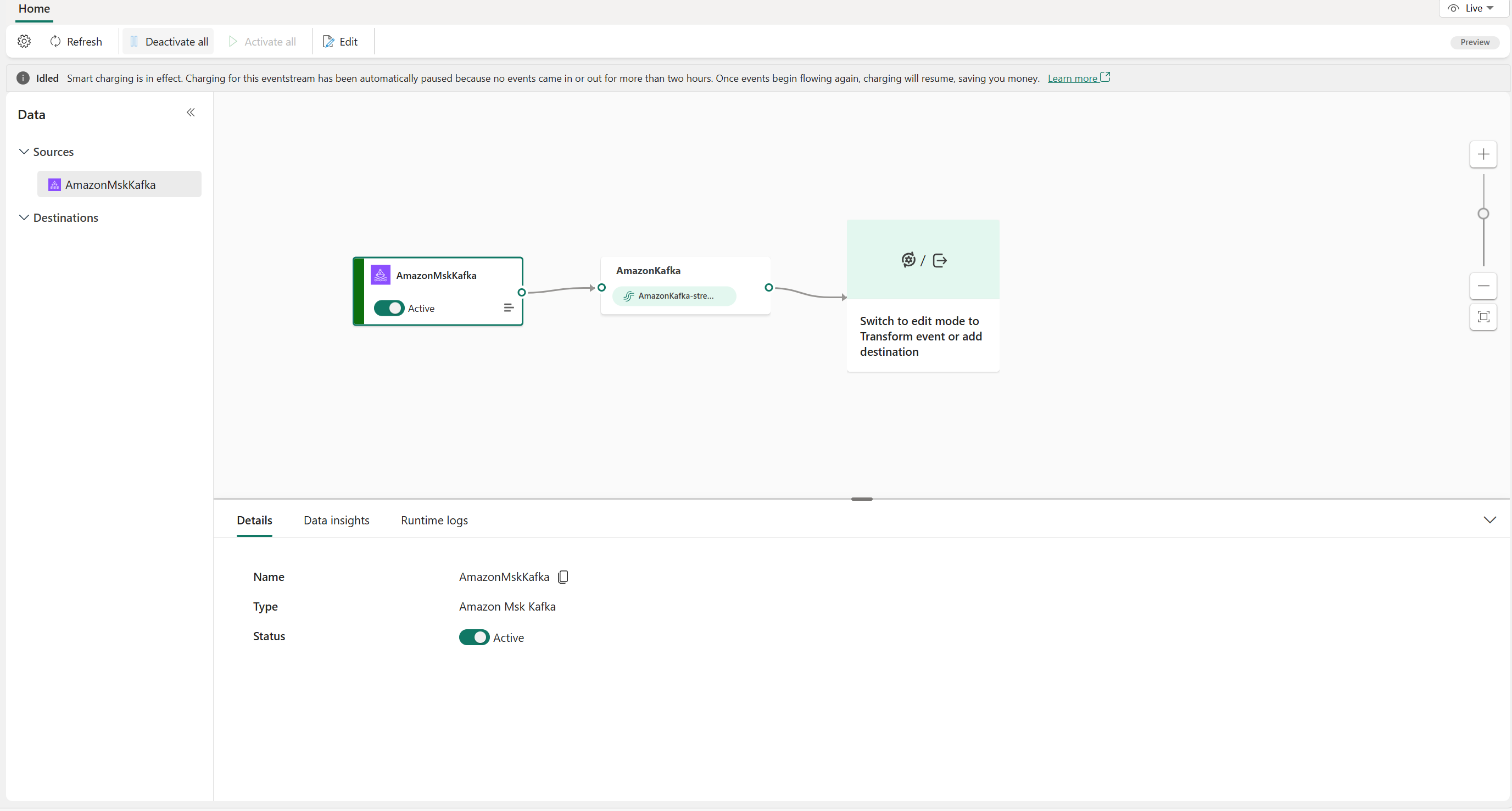 Capture d’écran montrant la source Kafka Amazon MSK en mode Live.