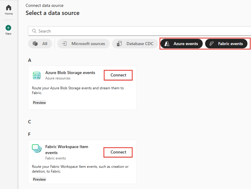 Capture d’écran de la sélection d’événements Stockage Blob Azure.