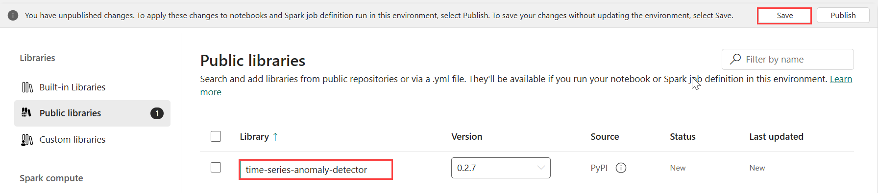 Capture d’écran de l’ajout du package PyPI à l’environnement Spark.