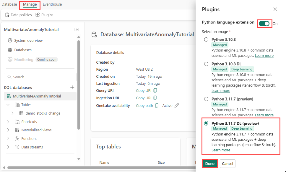 Capture d’écran montrant comment activer le package Python 3.11.7 DL dans Eventhouse.