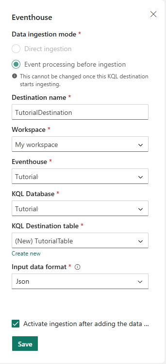 Capture d’écran montrant le volet de destination Eventhouse dans Real-Time Intelligence.