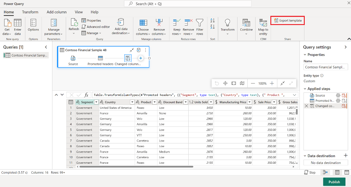 Capture d'écran montrant l'éditeur Power Query, avec l'option Exporter le modèle mise en évidence.