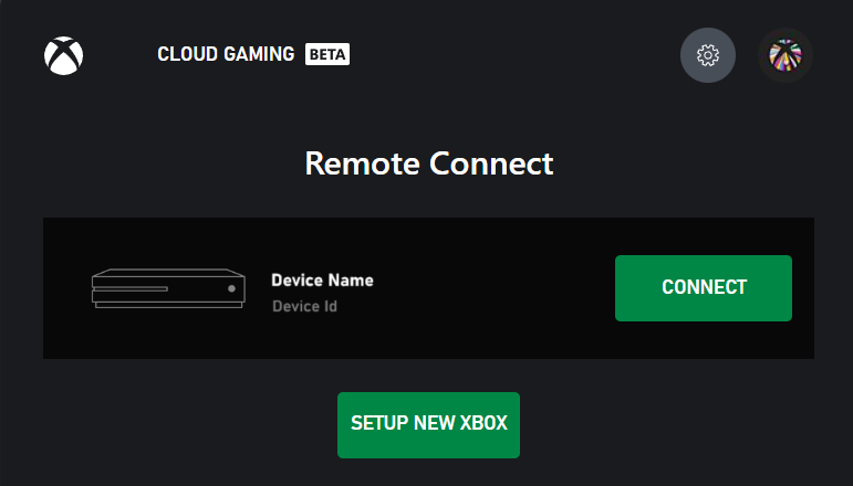 Screenshot of remote connect showing options to connect to a device and setup a new xbox