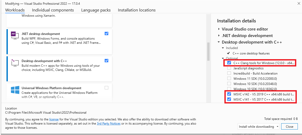 Selecting optional toolsets when installing Visual Studio 2022