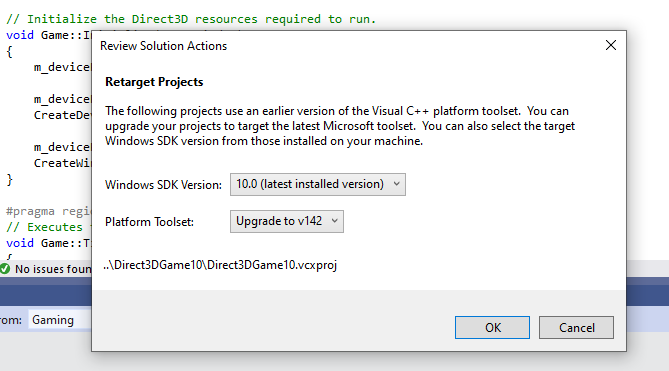 Screenshot of the Review Solution Actions dialog box of the upgrade Wizard in Visual Studio 2019, showing retargeting options for a Visual Studio 2017 project