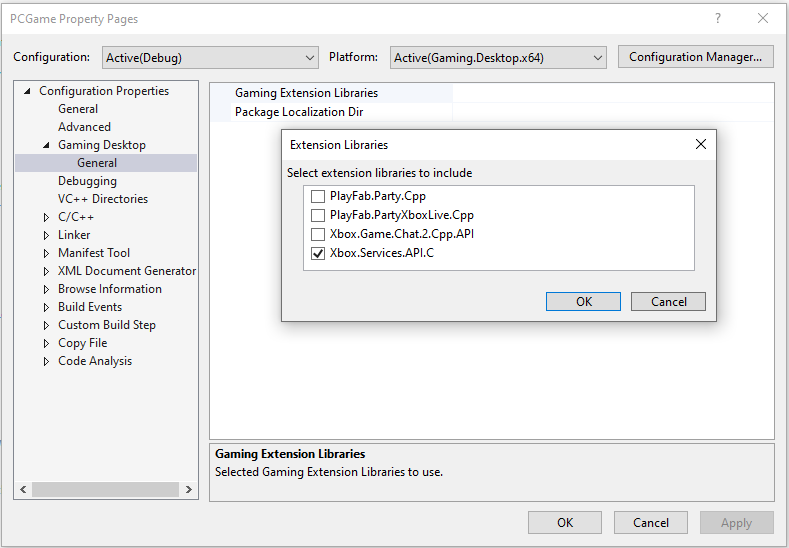 Screenshot of the Gaming Extension Libraries property page