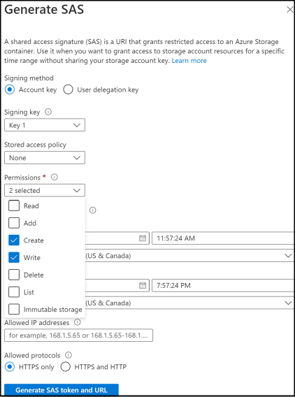 Screenshot of Generate SAS token - Option 1