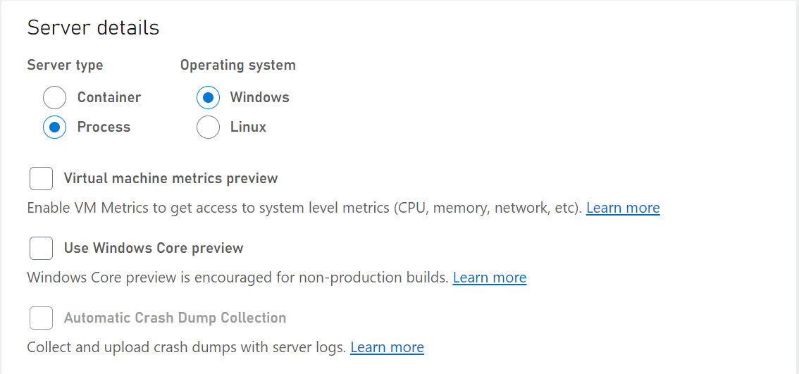 Server details with Windows Process selected as OS and server type