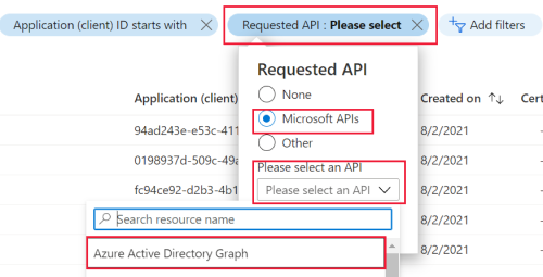 Filtrer les applications qui utilisent Azure AD Graph.