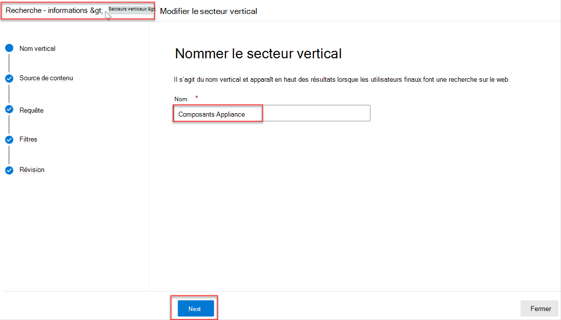 Capture d’écran de la section Nommer la verticale