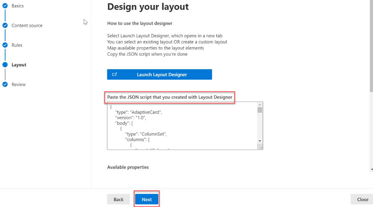 Capture d’écran de la section « Disposition de conception » avec le json collé