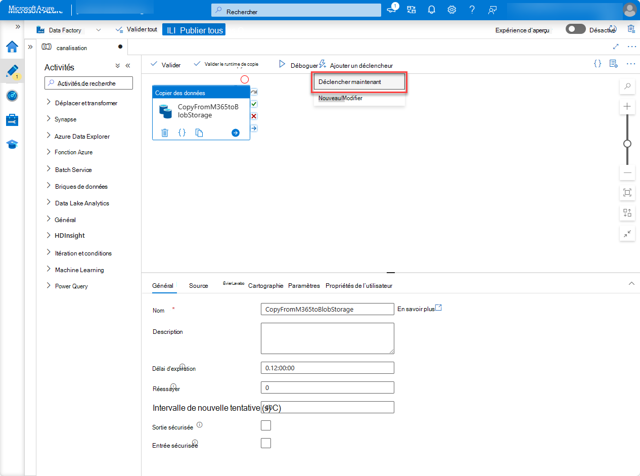 Capture d’écran de la page des ressources de fabrique du portail Azure avec Déclencheur mis en évidence.