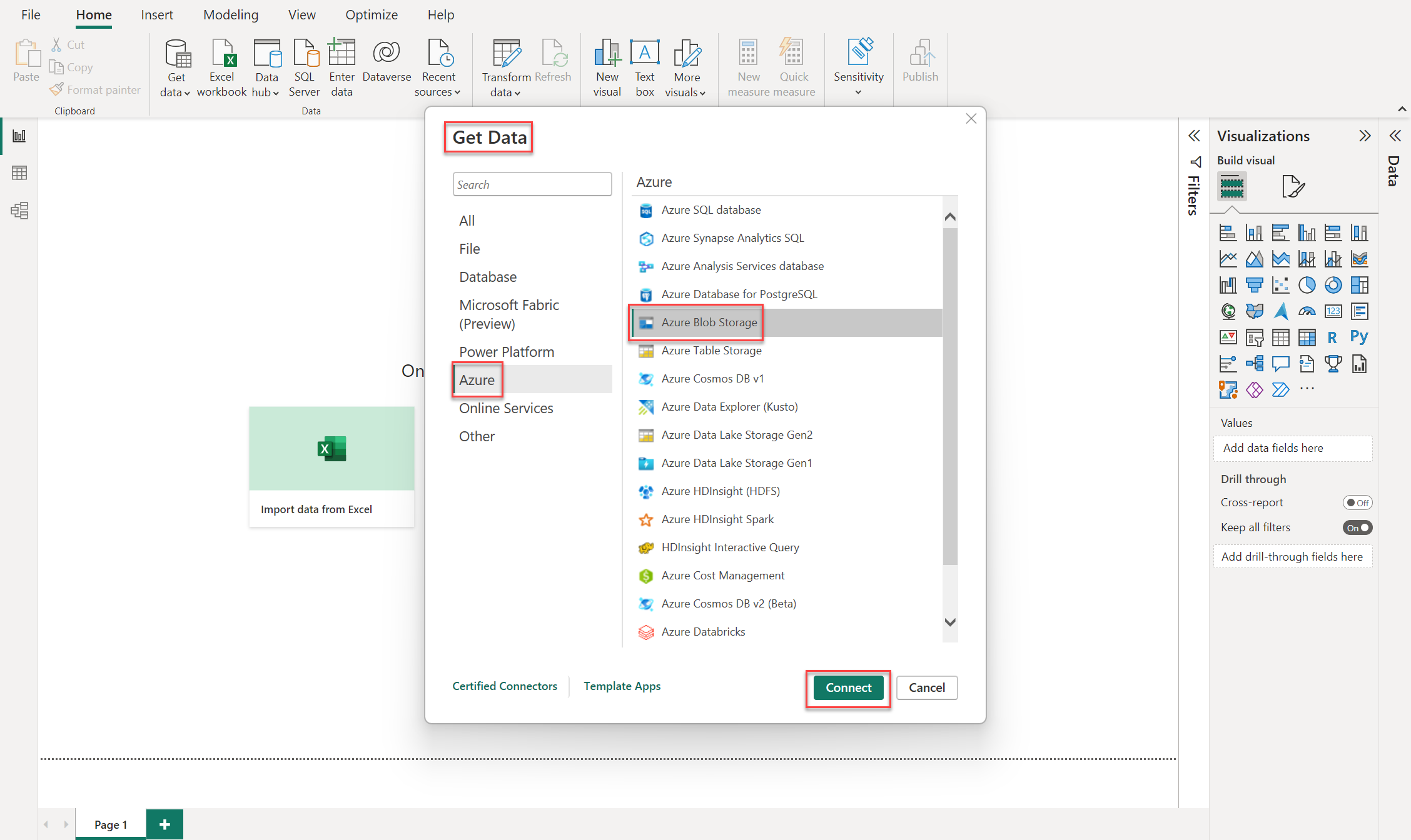 Capture d’écran montrant comment se connecter pour obtenir des données à partir d’un stockage Blob Azure dans Power BI.