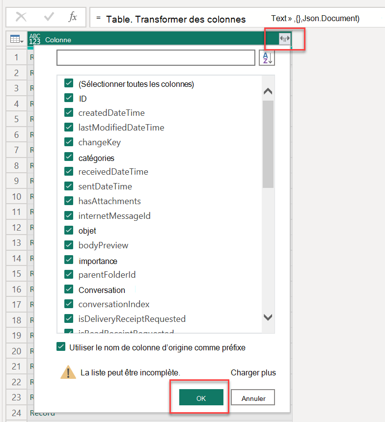 Capture d’écran montrant comment charger toutes les colonnes dans Power BI.