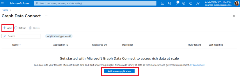 Capture d’écran montrant le portail Azure Data Factory pour créer une application.