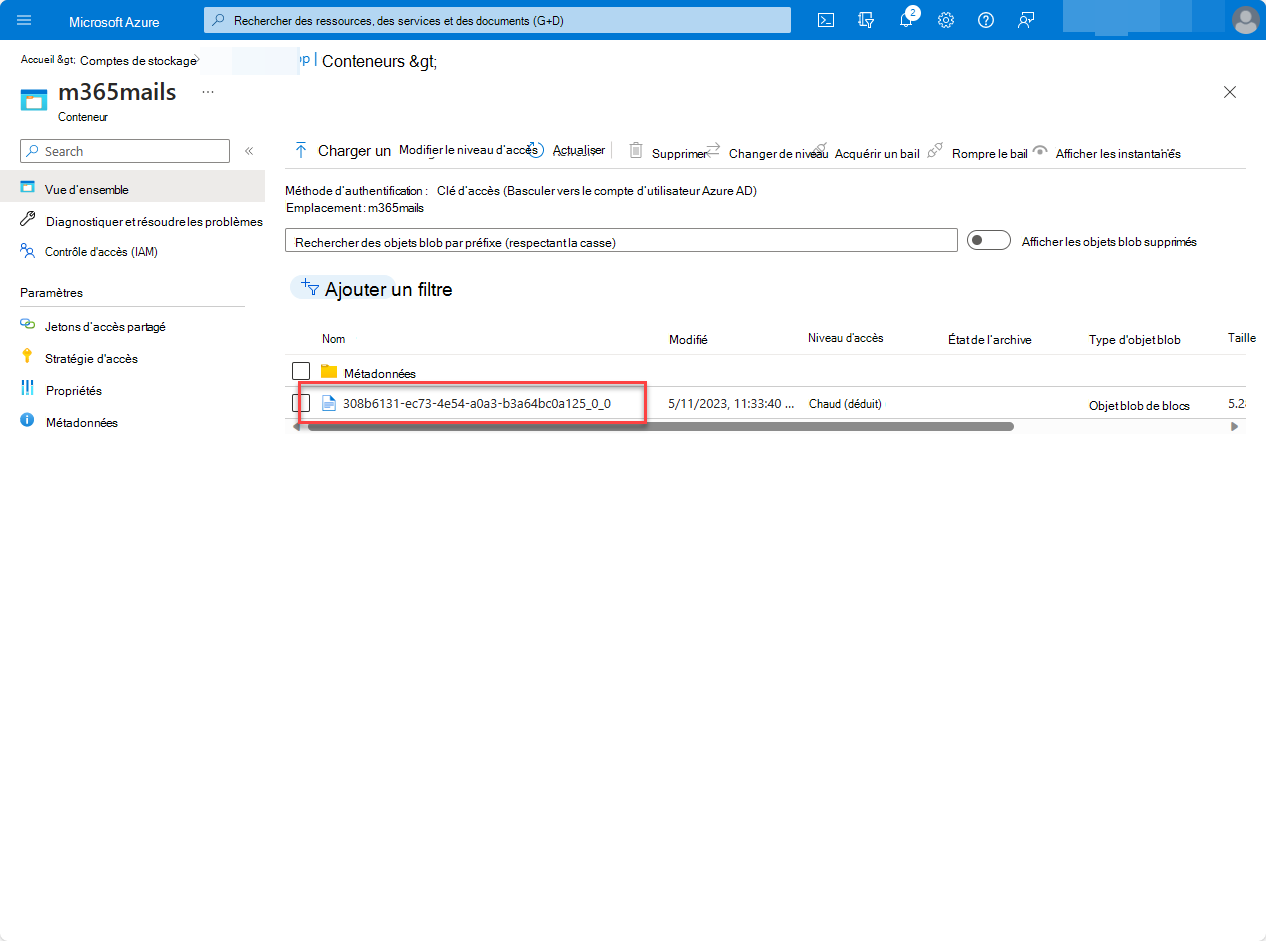 Capture d’écran de l’interface utilisateur du portail Azure montrant le fichier nouvellement créé dans le conteneur Stockage Azure.