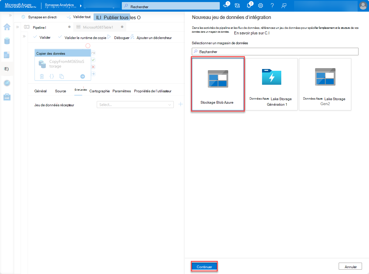 Capture d’écran du volet Nouveau jeu de données d’intégration avec Stockage Blob Azure mis en évidence.