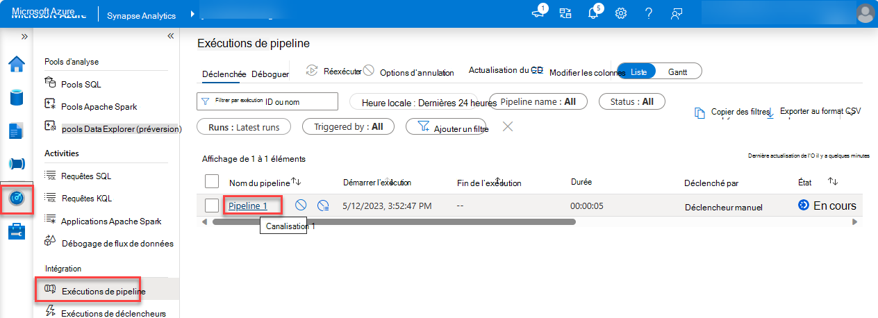 Capture d’écran de la page Exécutions du pipeline avec mise en évidence des exécutions de pipeline.