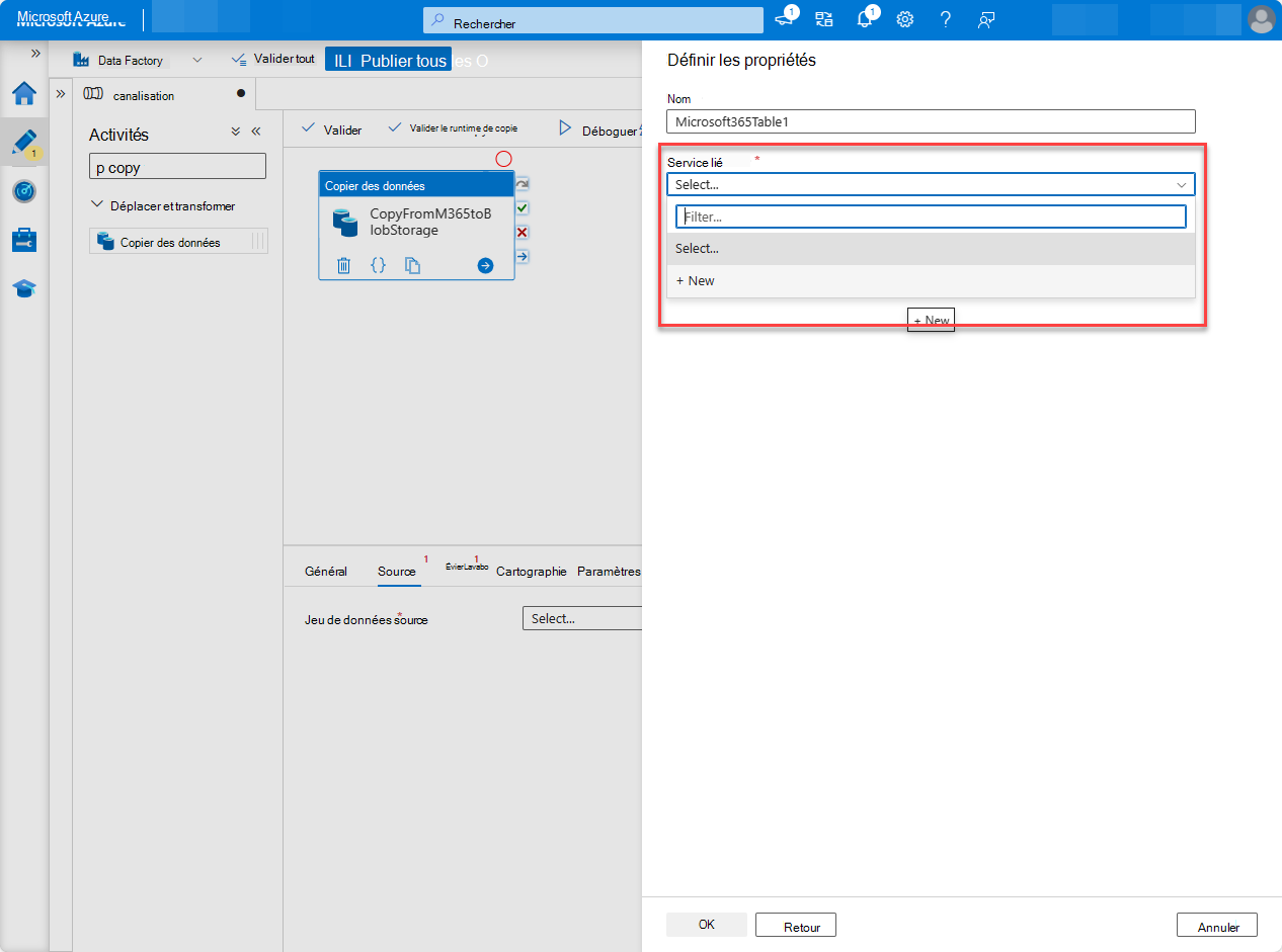 Capture d’écran de la page du service Data Factory du portail Azure avec mise en évidence du volet Nouveau service lié en sélectionnant nouveau.