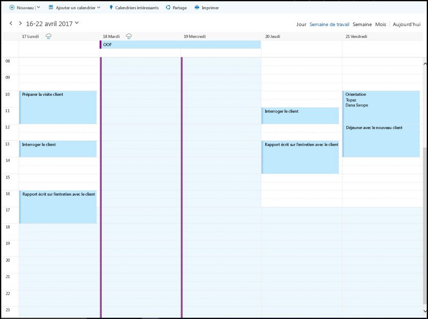 Le calendrier professionnel du participant pour le 17-21 avril affichant les heures de disponibilité