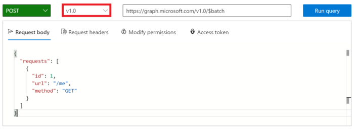 Capture d’écran de la requête par lots dans l’Explorateur Graph avec la version 1.0 sélectionnée