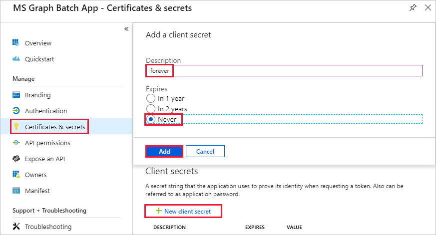 Capture d’écran du panneau Certificat et secrets