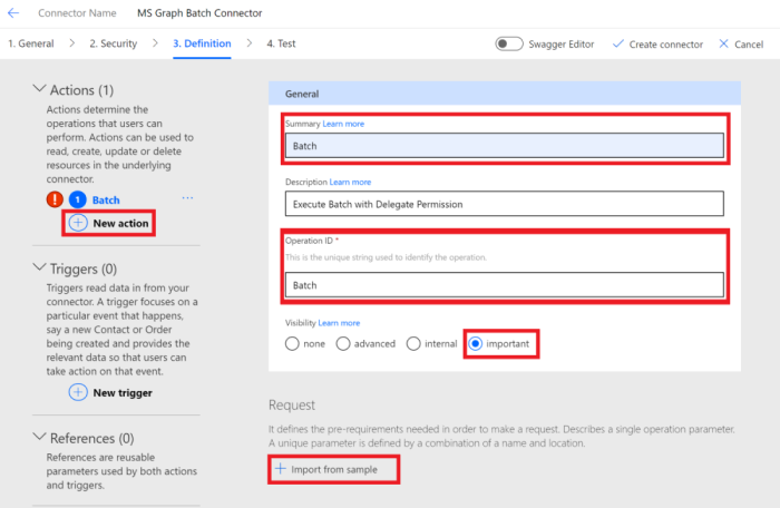 Capture d’écran de l’onglet Définition dans la configuration du connecteur