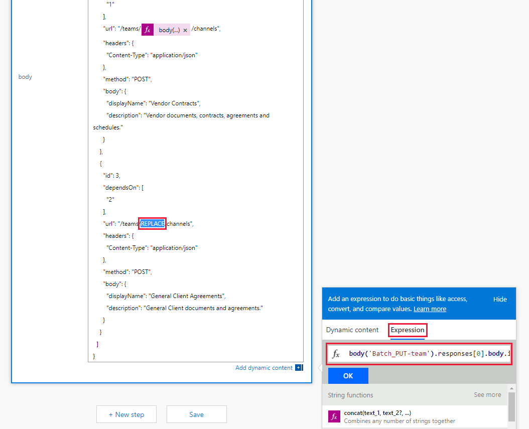 Capture d’écran de l’expression dans le volet de contenu dynamique