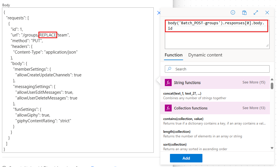 Capture d’écran de l’expression dans le volet de contenu dynamique