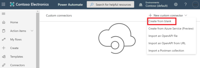 Capture d’écran du menu déroulant Nouveau connecteur personnalisé dans Microsoft Power Automate