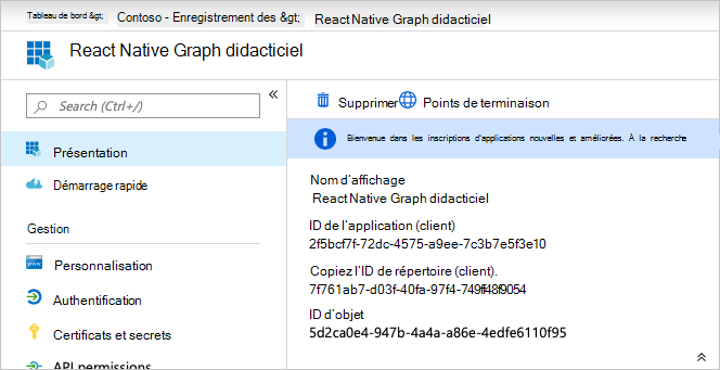 Une capture d’écran de l’ID d’application de la nouvelle inscription d'application