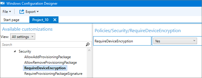 Exiger le paramètre de chiffrement d’appareil configuré sur oui.