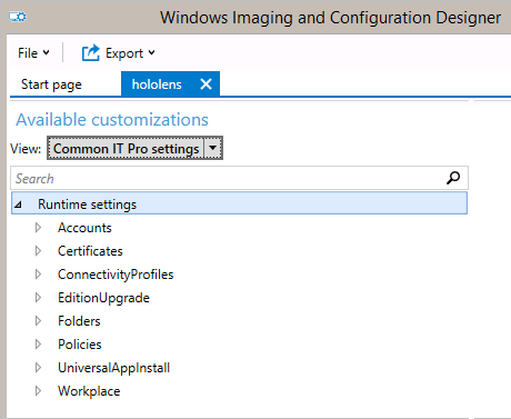 paramètres common runtime pour HoloLens.