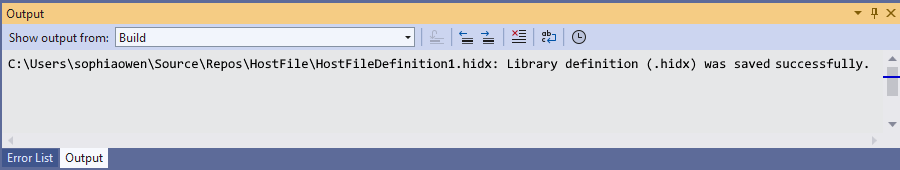 Capture d’écran montrant la fenêtre Sortie de Visual Studio avec l’emplacement du fichier HIDX.