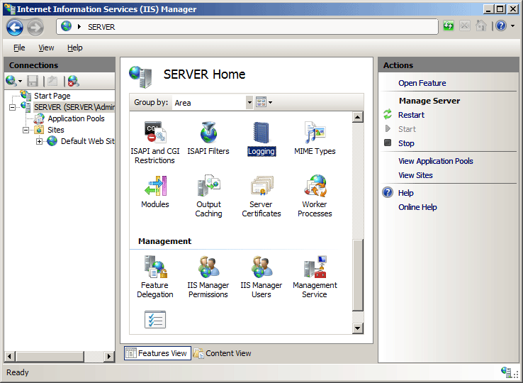 Screenshot of Logging selected in the SERVER Home pane.