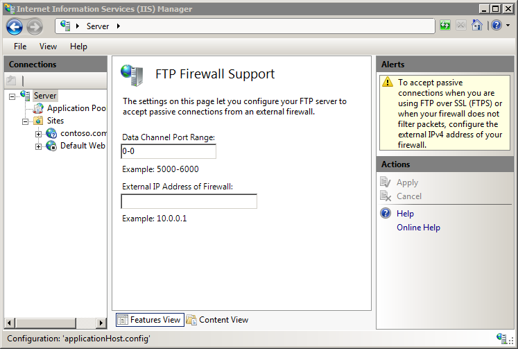 Screenshot of the F T P Firewall Support pane with the Data Channel Port Range set to a value of 0 dash 0.