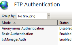 Screenshot that shows the F T P Authentication pane. I i s Manager Auth is enabled.