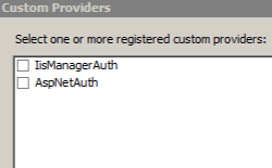 Screenshot of the Custom Providers dialog, showing the I I S Manager Autho and A S P Net Auth options.