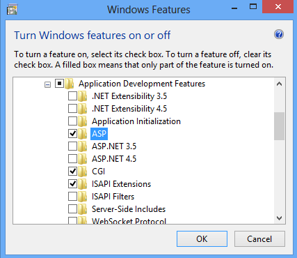 Screenshot of Turn Windows on or off feature page with Application Development Features pane expanded and A S P selected.