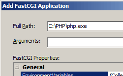 Capture d’écran montrant la fenêtre Ajouter une application Fast C G I avec les champs Chemin d’accès complet et Arguments.
