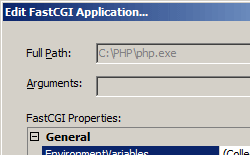 Capture d’écran montrant la boîte de dialogue Modifier l’application Fast C G I avec les champs Chemin d’accès complet et Arguments.