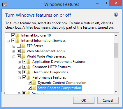 Capture d’écran montrant le volet Fonctionnalités de performances dans Activer ou désactiver les fonctionnalités Windows sur la page développée et compression de contenu statique mise en surbrillance.