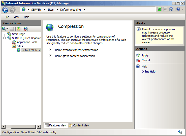 Capture d’écran du volet Compression avec compression de contenu dynamique et compression de contenu statique activée.