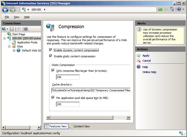 Capture d’écran du volet Compression du serveur avec compression de contenu dynamique et compression de contenu statique activée.